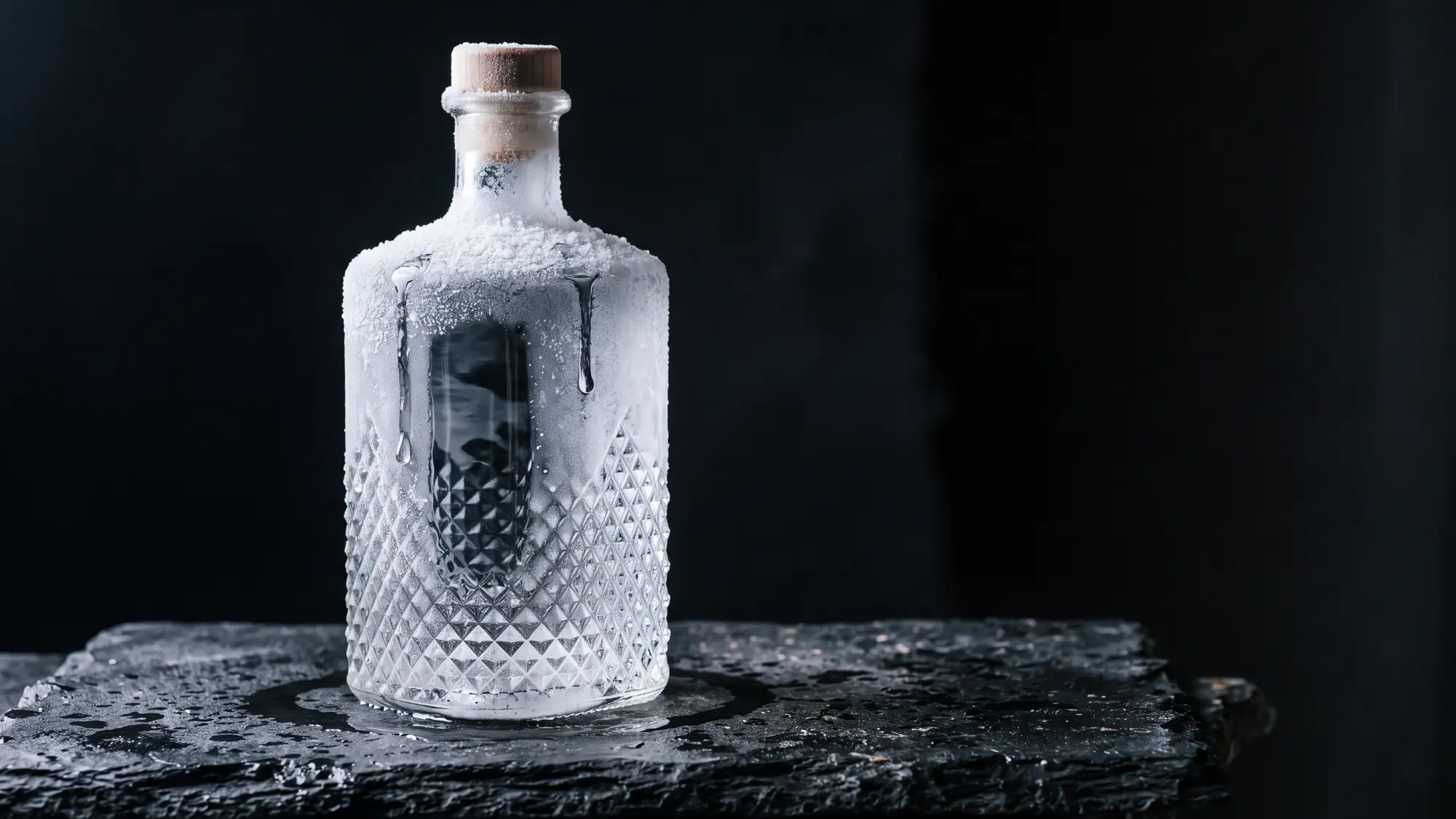 Botella de an&iacute;s de vidrio en relieve, escarchada