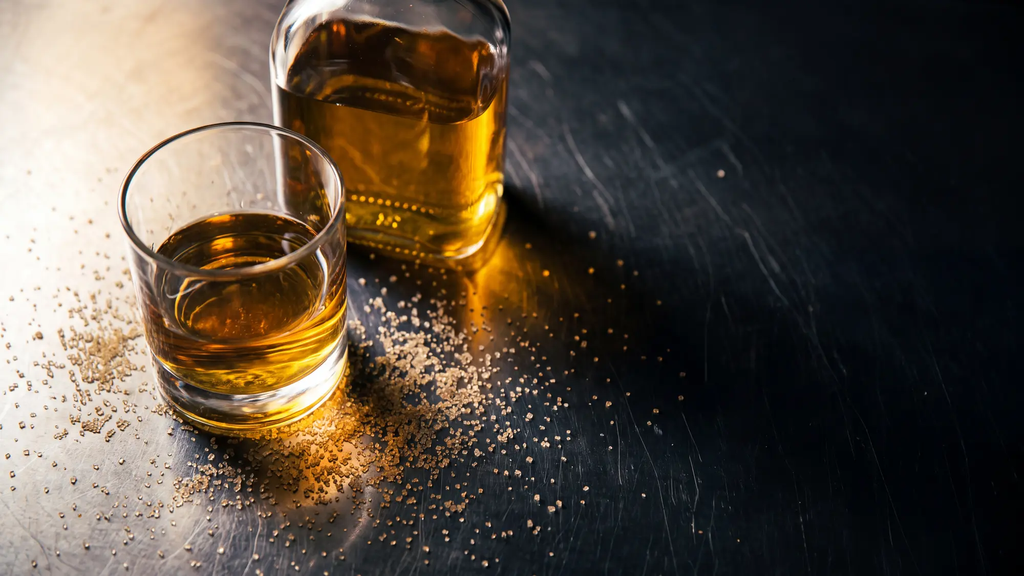 Vaso de aguardiente dorado sobre una barra de zinc